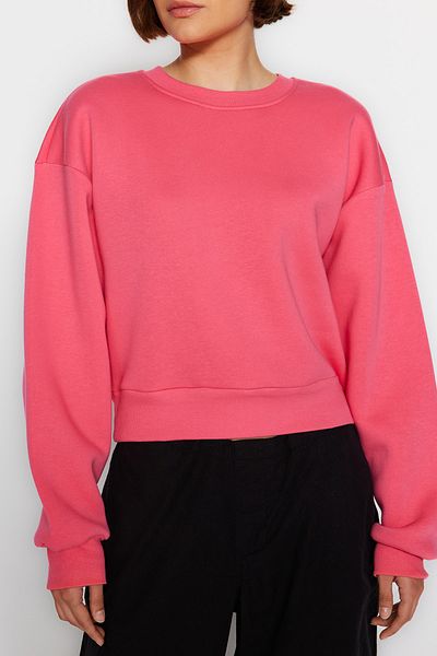 Trendyol Collection Fuchsia Relaxed Fit Crop Basic Crew λαιμόκοψη Πλεκτό φούτερ εσωτερικά Fleece TWOAW24SW00147