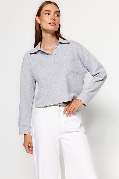 Trendyol Collection Šedá pletená mikina s pololímečkem Crop s žebrovaným vzorem