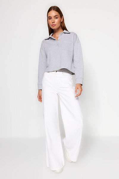 Trendyol Collection Šedá pletená mikina s pololímečkem Crop s žebrovaným vzorem