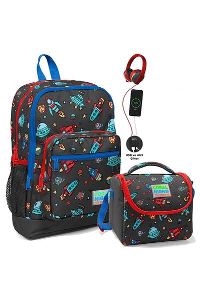 Coral High Set ghiozdan și cutie de prânz - Spațiu gri albastru pentru băieți - cu priză USB