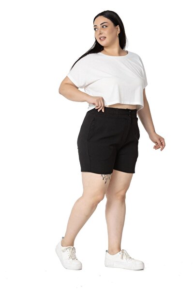 DISENTIS MODEST Plus Size Black Shorts with Elastic Waist and Back Pockets