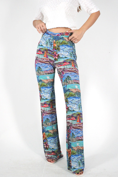 Meskan Tekstil Mavi Palmiye Sahil Desenli İspanyol Paça Kadın Pantolon Likralı