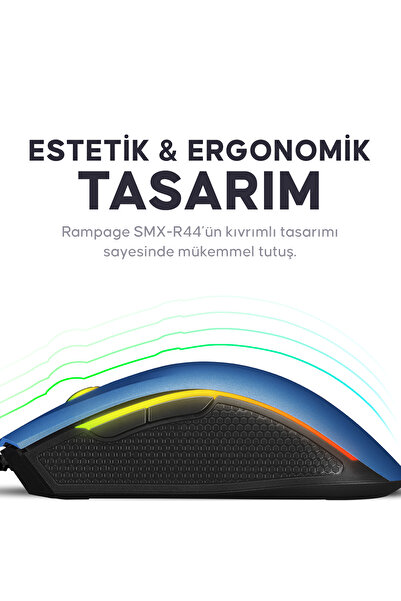 Rampage Smx-r44 Makrolu Mavi 6400 Dpı Rgb Usb Drag Click Örgü Kablo Pro Gaming Oyuncu Mouse