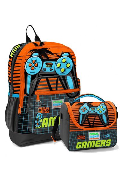 Coral High Set rucsac și geantă de prânz pentru școala primară pentru băieți - Orange Gamers