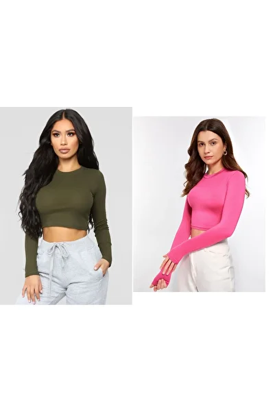 ÖZ PAMUK Women's 2 Piece Ribbed 100% COTTON Crew Neck Knitted Camisole Long Sleeve Crop BlouseZ