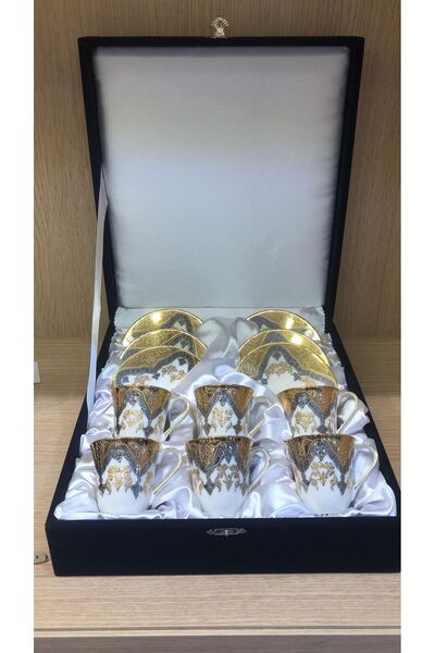 Güral Porselen İnce Porselen Altın Yaldızlı El Dekoru 6 Kişilik Türk Kahve Fi...