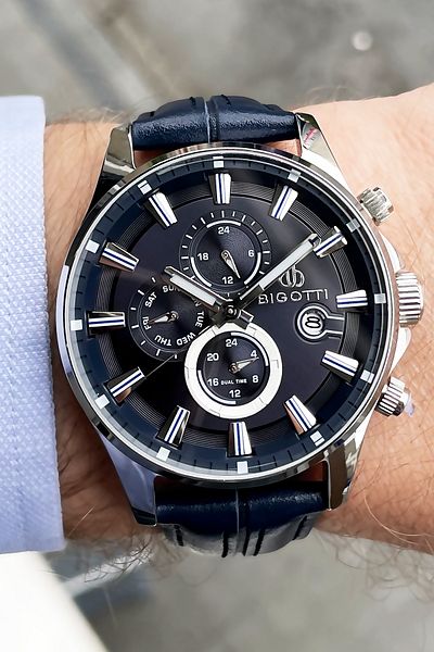 Bigotti Leather Men's Wristwatch 5 ATM Water Resistant Dark Blue Color BMER2002C2
