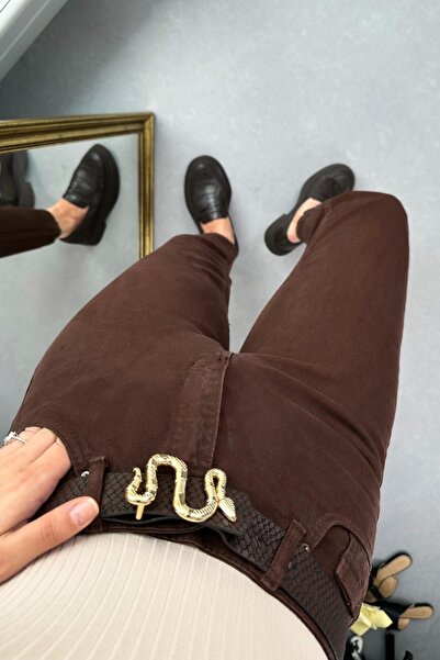 MAKRAS EXCLUSIVE Καφέ Mom Jeans - Γυναικείο Boyfriend Ψηλόμεσο Lycra Jeans Pantalon