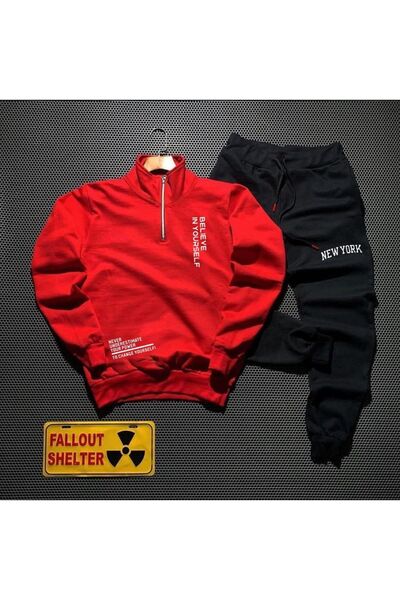 MYDARKSTYLE Men's Believe Printed Polo Neck Half Zipper Sweatshirt Tracksuit Set