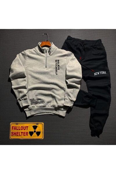 MYDARKSTYLE Men's Believe Printed Polo Neck Half Zipper Sweatshirt Tracksuit Set