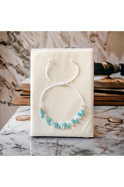 Hobisy Handmade Macrame Knitted Miyuki Bead Anklet | Turquoise and White Color