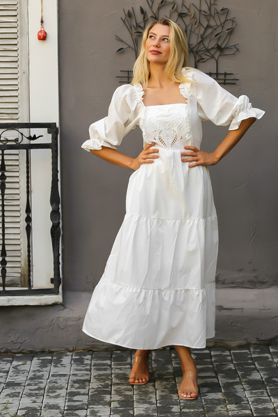 Chiccy White Square Neck Balloon Sleeve Solid Color Embroidered Woven Dress
