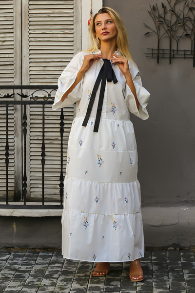 Chiccy White Halter Neck Flounce Sleeve Embroidered Woven Dress