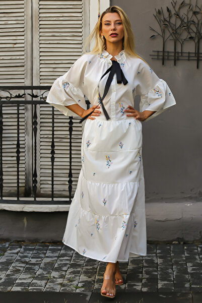 Chiccy White Halter Neck Flounce Sleeve Embroidered Woven Dress