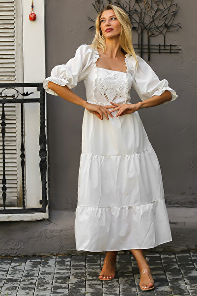 Chiccy White Square Neck Balloon Sleeve Solid Color Embroidered Woven Dress