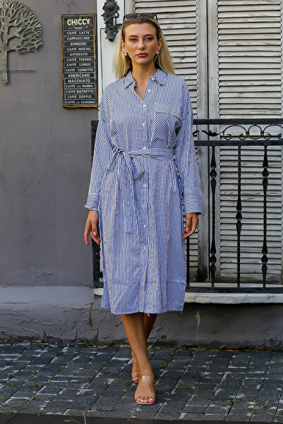 Chiccy Λευκό-Μπλε πουκάμισο με μακρυμάνικο γιακά ριγέ με κουμπιά και τσέπες με ζώνη