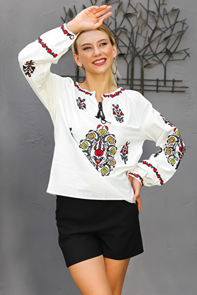 Chiccy Ecru Halter Neck Balloon Sleeve Embroidered Woven Blouse