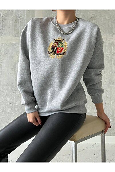 Qu Style Kadın, Nakış Desenli,oversize,bisiklet Yaka, Spor Şık ,gri Renk 3 Iplik Şardonlu Sweatshirt