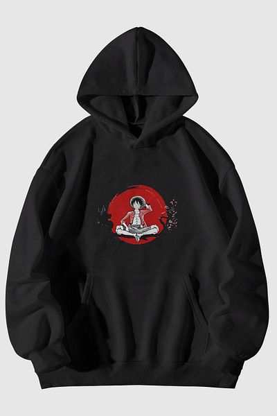 Harmandar Hanorac unisex cu glugă cu buzunar cangur cu imprimeu Pirate Luffy