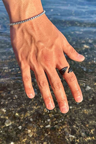 TREND COLLECTİON Feather Leaf Figured Matte Black Classic Classic Model Ring ...