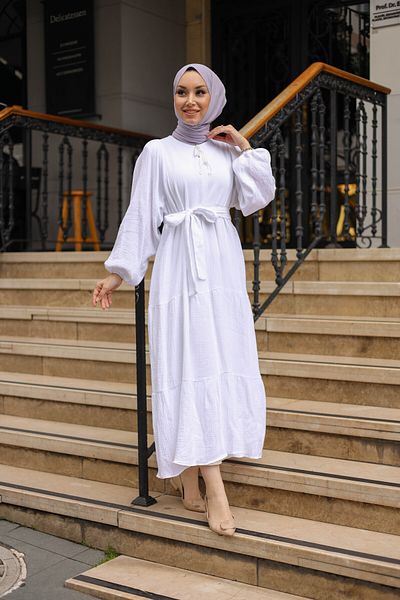 shalby Γυναικείο Φόρεμα Hijab από ύφασμα μουσελίνας με κορδόνι (ΒΑΜΒΑΚΙ) Εκρού