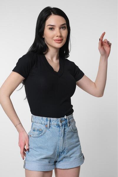 Kadın-V Yaka-Vücuda Oturan-Crop-(Standart Beden)-Siyah