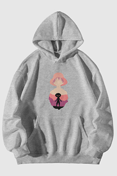 Harmandar One Piece Luffy Printed Unisex Gray Kangaroo Pocket Hooded Sweatshi...