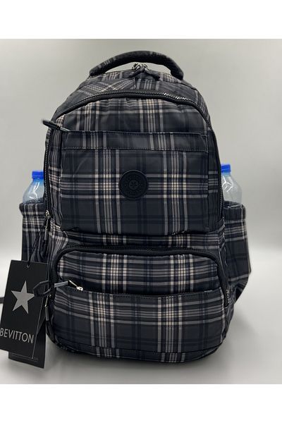 Bevitton Water Repellent Fabric School Bag Unisex School Backpack 20267 Plaid Black