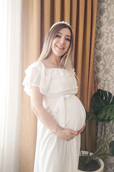 Bersi Butik Women's Carmen Collar Ecru Chiffon Dress