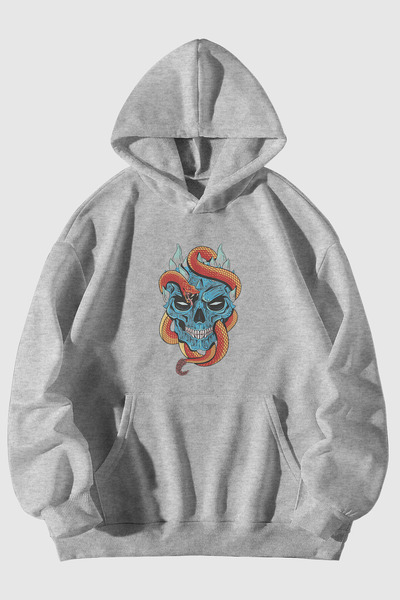 Harmandar Hanorac cu glugă cu buzunare, unisex, cu craniu de șarpe, gri