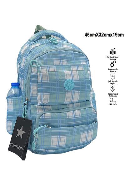 Bevitton Imported Seten Waterproof Fabric Unisex Plaid Turquoise Backpack