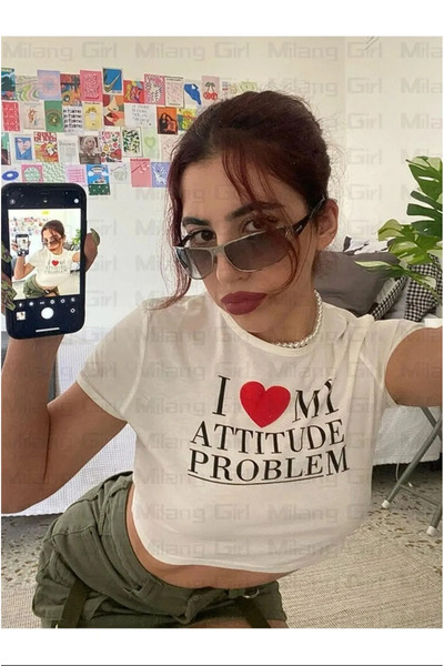 Gofeel Love My Attitude Problem Patterned White Color Printed Crop Women's T-...