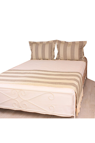 YASTIKMİNDER Şantuk Tafta Gri Bej Çizgili 3 Parça Yatak Throw Şal Runnerı