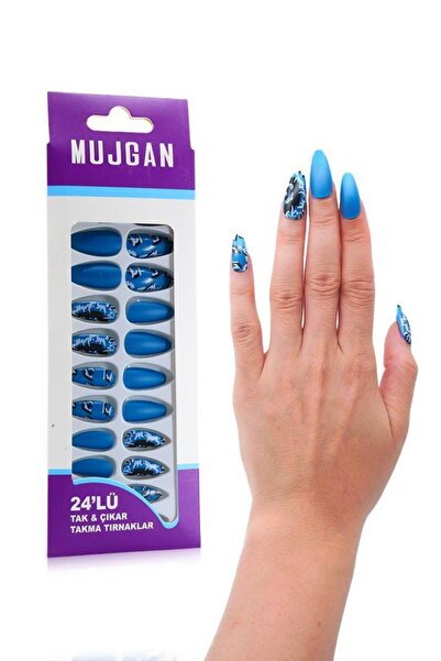 MUJGAN 24'lü Parlak Mavi Desenli Takma Tırnak T-80 A