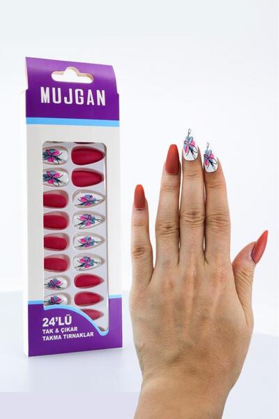 MUJGAN 24'lü Parlak Beyaz-Kırmızı Kelebek Modelli Takma Tırnak T-84 E