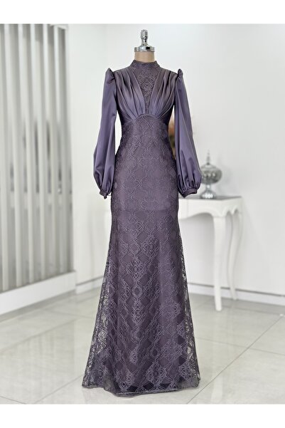 Rana Zenn Nora Beli Korsajlı Kolu Valonlu Saten Drapeli Çiçek Desenli Dantel Abiye Lavanta