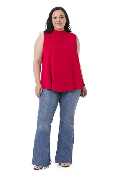 DISENTIS MODEST Plus Size Collar Back Buttoned Stand Collar Flowing Sleeveless Red Blouse