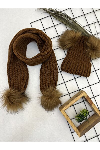 Trend Sizde مجموعة قبعة صغيرة ذات وشاح مزدوج من Pompom باللون البني للأطفال البنات