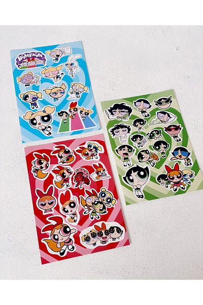 Bikutumutluluk مجموعة ملصقات POWERPUFF GIRLS BEST FRİENDS FOREVER RENGARENK مكونة من 3 قطع
