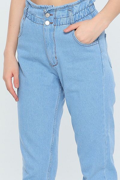MAKRAS EXCLUSIVE Pantaloni de blugi boyfriend de damă, albastru gheață, cu talie elastică, cu talie cu șnur Mom Jean