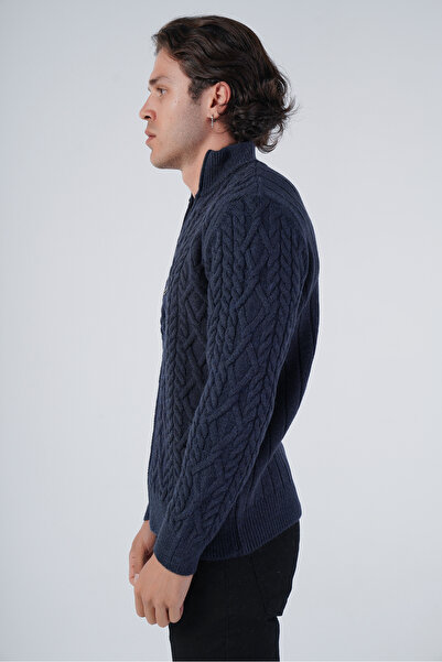 Trist Star Синій чоловічий трикотажний светр з коміром-стійкою, застібкою-блискавкою та шнурком ззаду Trıst-5299