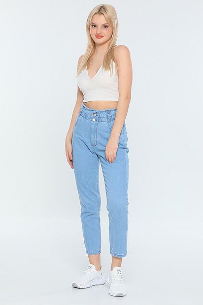 MAKRAS EXCLUSIVE Pantaloni de blugi boyfriend de damă, albastru gheață, cu talie elastică, cu talie cu șnur Mom Jean