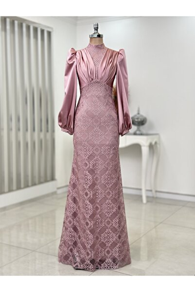 Rana Zenn Nora Beli Korsajlı Kolu Valonlu Saten Drapeli Çiçek Desenli Dantel Abiye Pudra