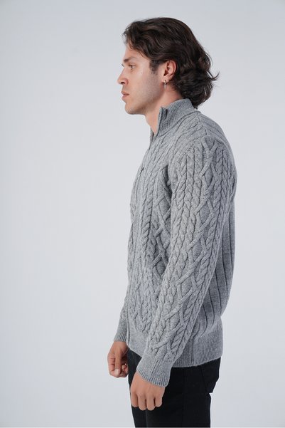 Trist Star Gray Men's Back Ribbed Stand Collar Zippered Knitwear Wool Cardigan Trıst-5299