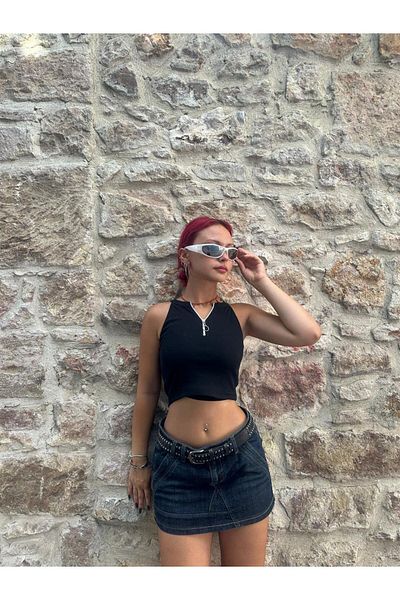 Touz Y2K Λεπτομέρεια με φερμουάρ Μισό φερμουάρ Αμάνικο Μαύρο Crop