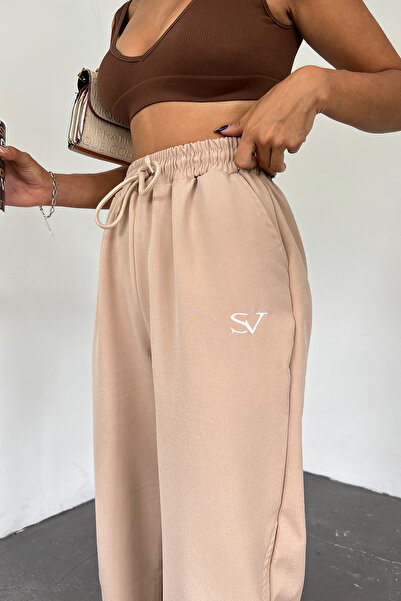 Sun Victoria Γυναικείο Κρεμ Κεντημένο Ρυθμιζόμενο Oversize Φαρδύ παντελόνι/Φούτερ