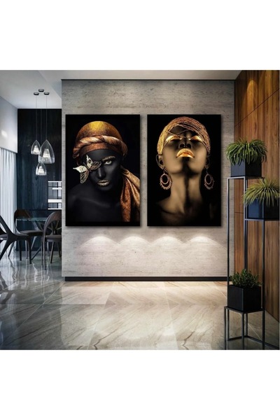 CANVASUM Afrikalı Siyahi Kadın Portre Gold African Woman Ikili Kombin 2 Li Se...