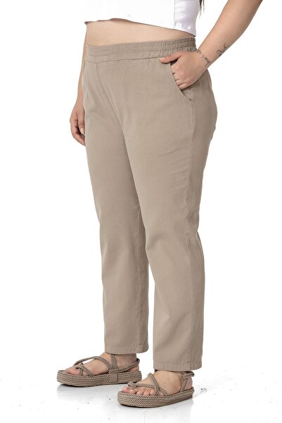 DISENTIS MODEST Plus Size Gabardine Mink Trousers with Elastic Waist and Pockets
