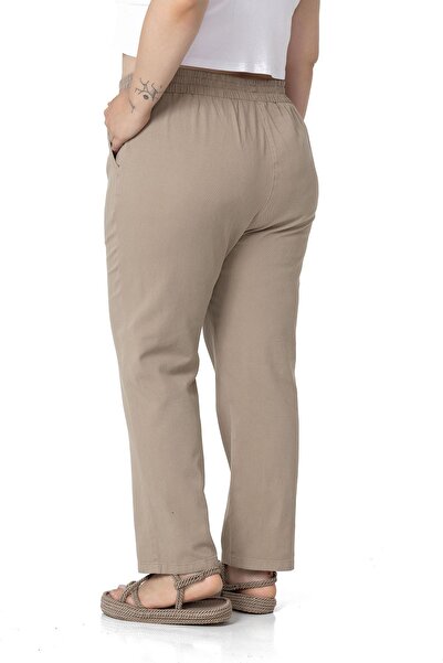 DISENTIS MODEST Plus Size Gabardine Mink Trousers with Elastic Waist and Pockets