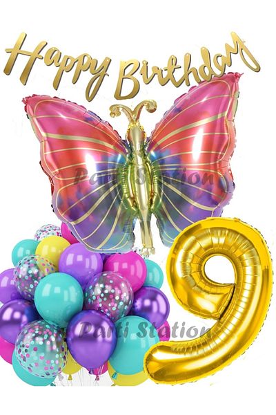 Parti Station Colorful Butterfly 9 Years Old Balloon Set Colorfull Butterfly Rainbow Concept Party Birthday Balloon Set